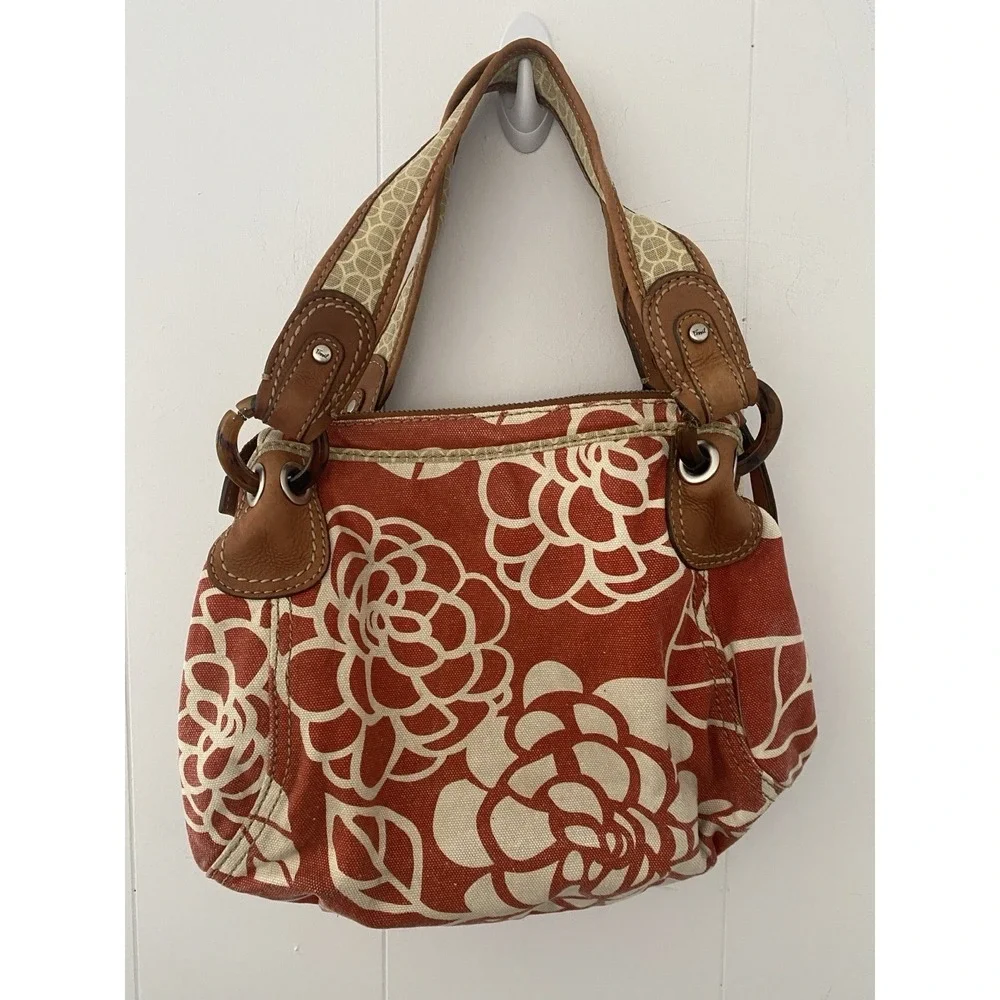 Vintage Fossil Red Floral Canvas Hobo‎ Shoulder Bag